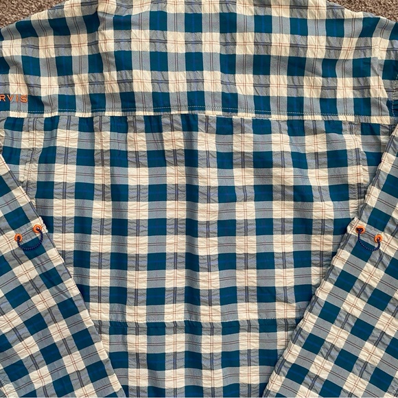Orvis Men’s Button Up Long Sleeve Shirt Blue/White/Red Plaid Poly blend M - EUC - Picture 6 of 13